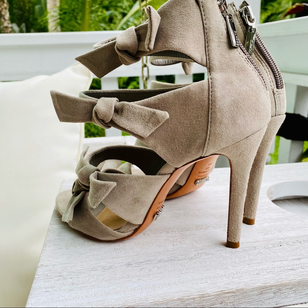 Schutz Miranda Suede Peep Toe Bow Strappy Heels in “Mouse” size 6 - Picture 5 of 16